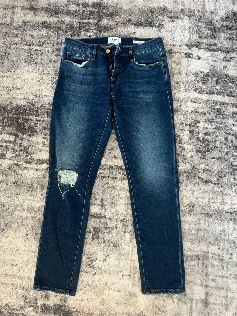 Frame Denim Boyfriend Jeans in Dark Blue with Knee Distress